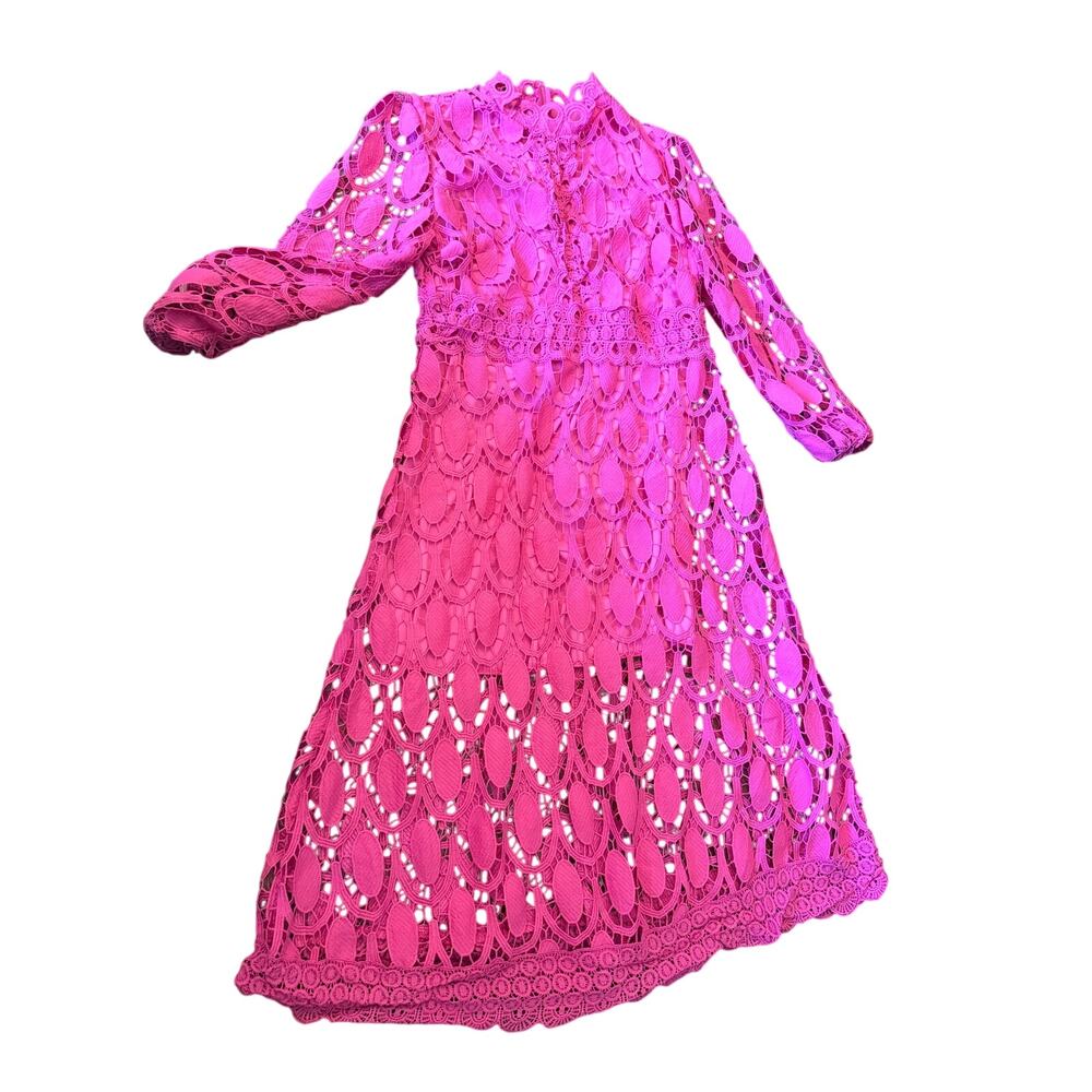 Hot pink long sleeved lace eyelet midi dress small